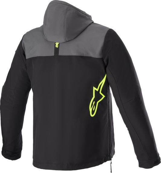 Black, gray, and yellow Alpinestars Sherpa jacket in 2XL with a cozy fleece interior and stylish design.