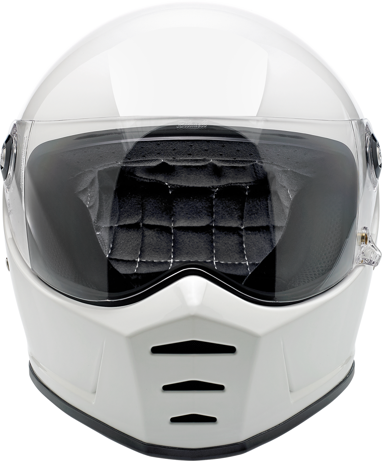 Bill's Exhausts BILTWELL Lane Splitter helmet in gloss white, medium size, with aerodynamic design and secure strap closure.
