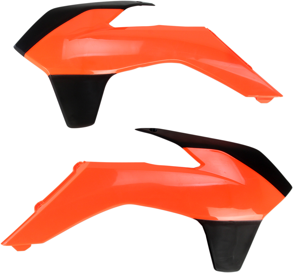 ACERBIS radiator shrouds in fluorescent orange and black for off-road motorcycle body, compatible with models 2013-2015.
