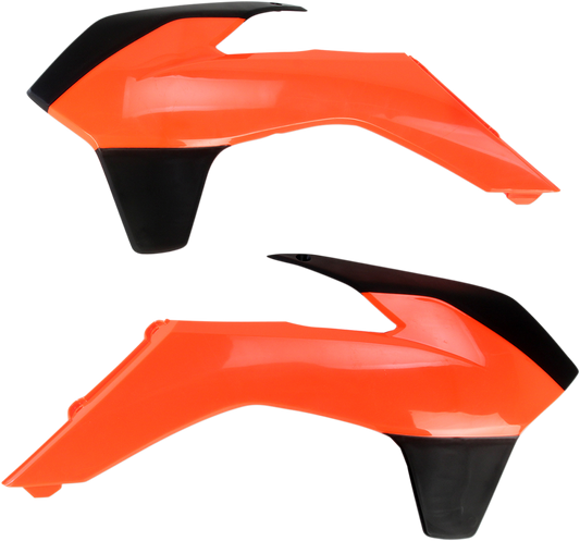 ACERBIS radiator shrouds in fluorescent orange and black for off-road motorcycle body, compatible with models 2013-2015.