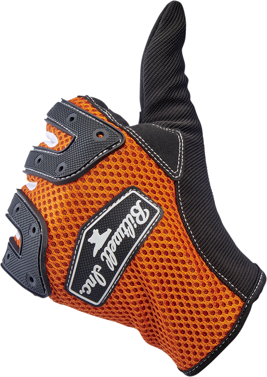 Bill's Exhausts BILTWELL Anza Gloves in orange, 2XL size, showing durable leather gloves with padded knuckles and adjustable wrist strap.
