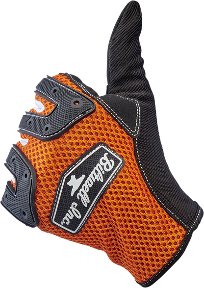 Bill's Exhausts BILTWELL Anza Gloves in orange, 2XL size, showing durable leather gloves with padded knuckles and adjustable wrist strap.