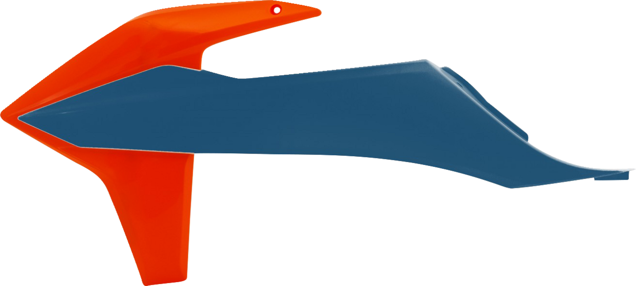 Acerbis radiator shrouds in orange and factory blue for motorcycle body protection, featuring vibrant color accents.