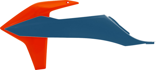Acerbis radiator shrouds in orange and factory blue for motorcycle body protection, featuring vibrant color accents.