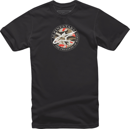 Alpinestars Dot Camo T-Shirt in black, medium size, featuring a camo pattern and brand logo on the front.