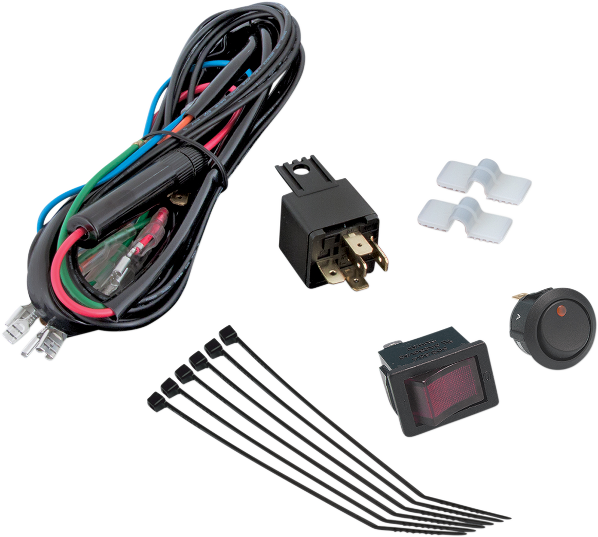 Universal driving light wiring harness for engine by Bill's Exhausts, featuring connectors and wiring components.