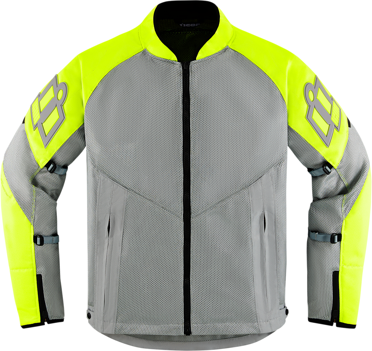 Gray and hi-vis ICON Mesh AF™ jacket by Bill's Exhausts, small size, featuring mesh fabric and high-visibility details.