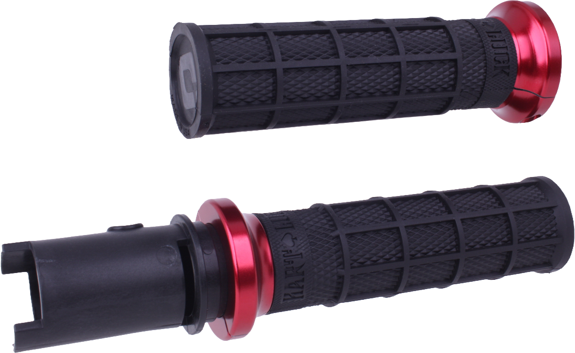 ODI Lock-On Hart Luck Full Waffle grips in black and red with textured surface, designed for enhanced grip and control.