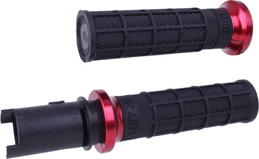 ODI Lock-On Hart Luck Full Waffle grips in black and red with textured surface, designed for enhanced grip and control.
