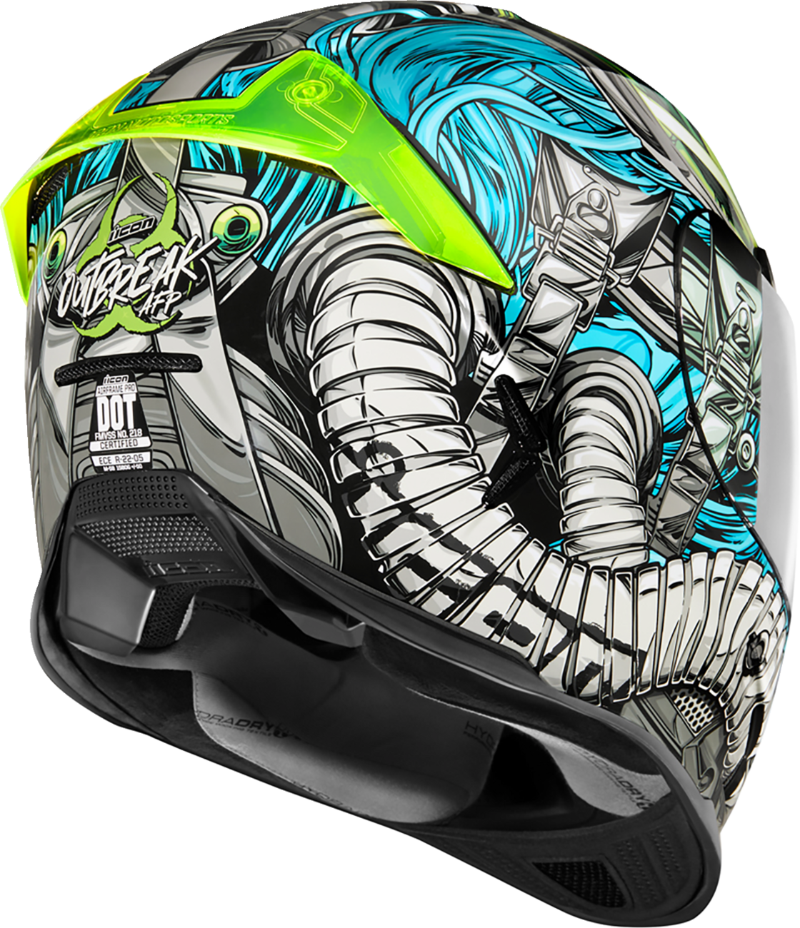 Blue ICON Airframe Pro™ helmet in large size, Outbreak design, featuring aerodynamic shape and secure chin strap.