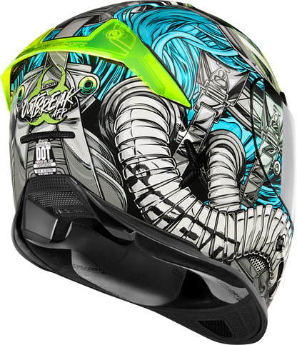 Blue ICON Airframe Pro™ helmet in large size, Outbreak design, featuring aerodynamic shape and secure chin strap.