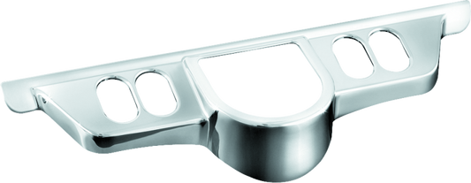 Kuryakyn chrome switch panel accent for Harley Davidson Touring models, showing detailed close-up of the part.