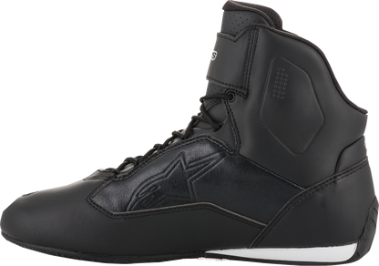Alpinestars Stella Faster-3 black and silver motorcycle shoes, US size 8, with protective design and sporty style.