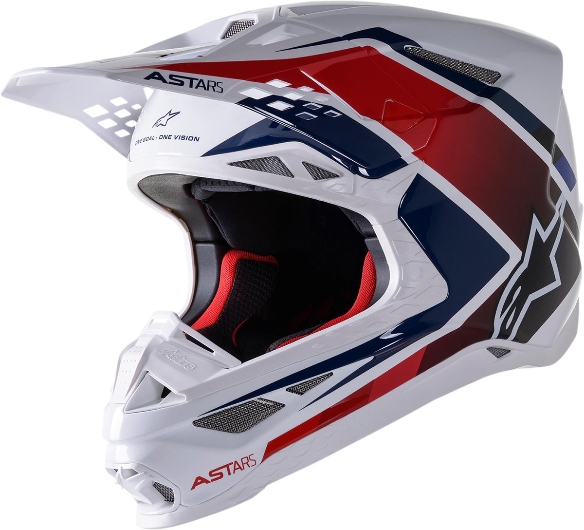 Alpinestars Supertech M10 helmet in white, red, and blue with MIPS® technology, size 2XL, shown from a side angle.