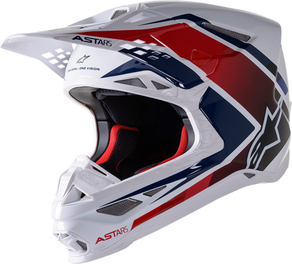 Alpinestars Supertech M10 helmet in white, red, and blue with MIPS® technology, size 2XL, shown from a side angle.