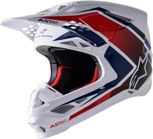 Alpinestars Supertech M10 helmet in white, red, and blue with MIPS® technology, size 2XL, shown from a side angle.