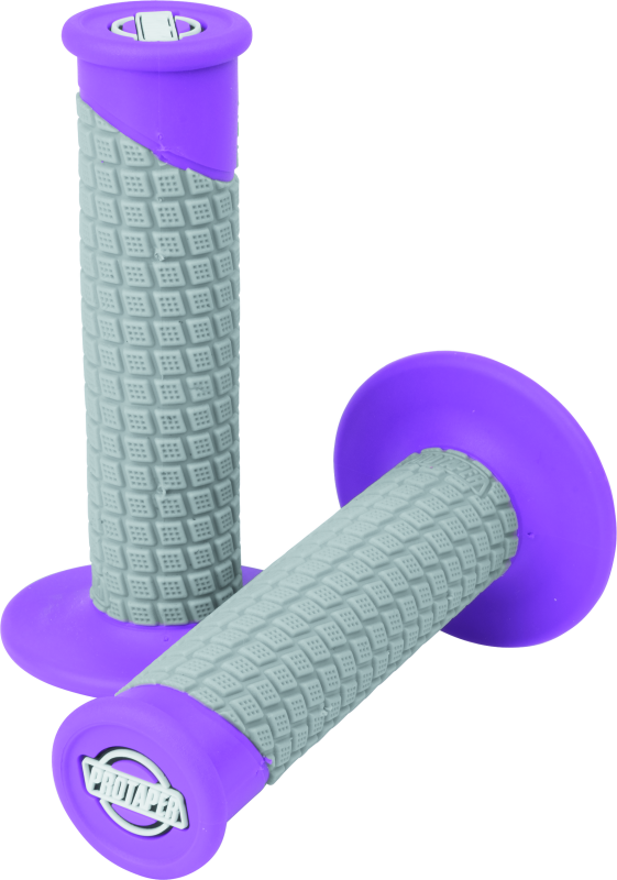Bill's Exhausts ProTaper clamp-on pillow top grips in neon purple and gray, showing textured rubber surface and ergonomic design.
