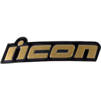 Gold ICON Domain™ metallic badge for helmets, featuring the Bill's Exhausts branding on a shiny, reflective surface.