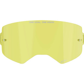 Alpinestars Supertech yellow goggles lens with clear view, designed for racing and high-performance motorcycling.