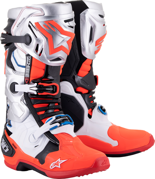 Alpinestars Vision Tech 10 motorcycle boots in black, white, silver, and red with protective design and branding details.