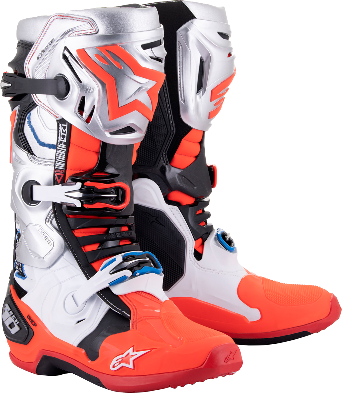 Alpinestars Vision Tech 10 motorcycle boots in black, white, silver, and red with protective design and branding details.