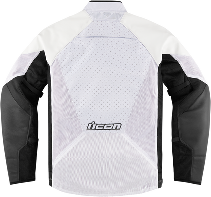 White ICON Hooligan™ CE Jacket in 2XL by Bill's Exhausts, showing the front view with jacket details and branding.