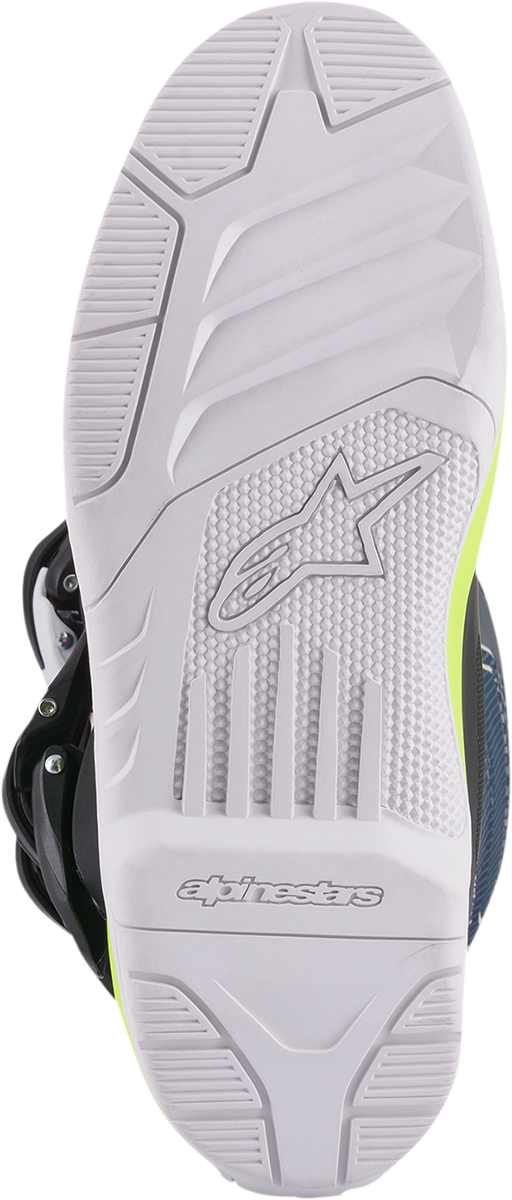 Alpinestars Tech 3S motorcycle boots in black, blue, pink, white, and yellow with rugged design and protective features.