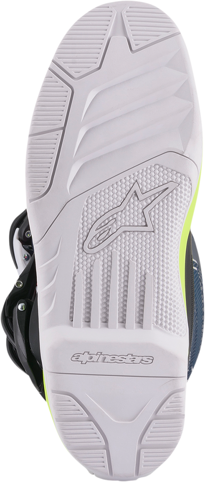 Alpinestars Tech 3S motorcycle boots in black, blue, pink, white, and yellow with rugged design and protective features.