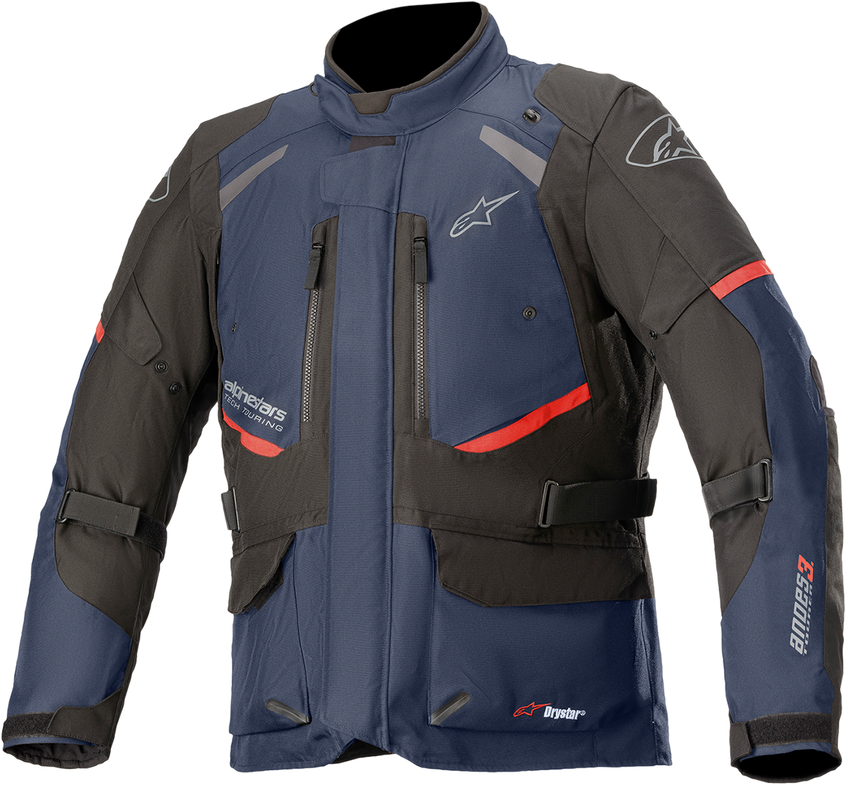 Alpinestars Andes v3 Drystar jacket in blue and black, medium size, featuring protective motorcycle jacket design and waterproof material.