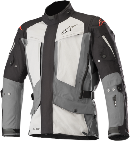 Alpinestars Yaguara Drystar® motorcycle jacket in black and gray, 2XL size, featuring protective armor and waterproof fabric.