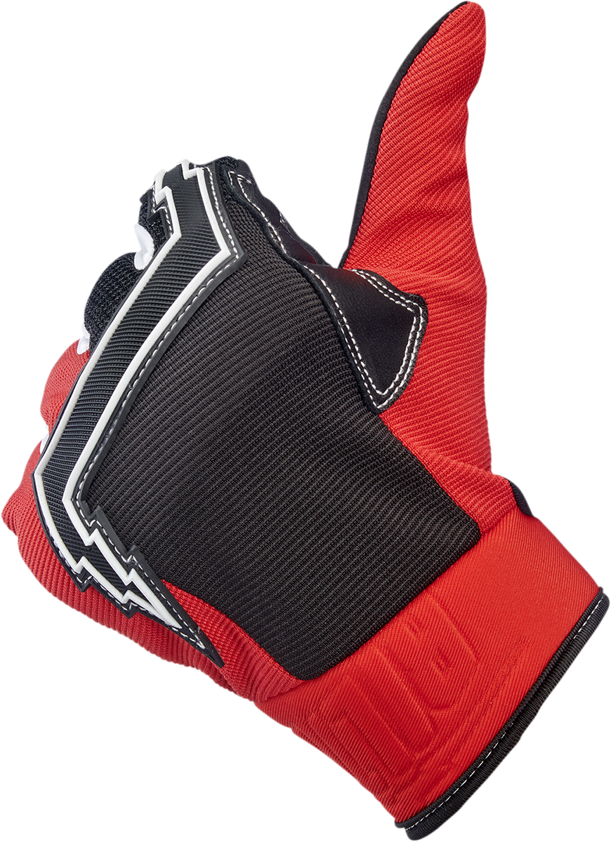 Red BILTWELL Baja gloves for riding, 2XL size, made by Bill's Exhausts, showing the textured glove material and secure wrist closure.