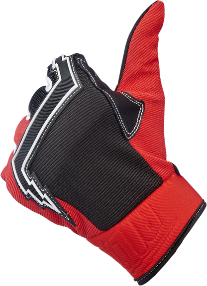Red BILTWELL Baja Gloves for motorcycle riding, size XS, made by Bill's Exhausts, with padded knuckles and adjustable wrist strap.