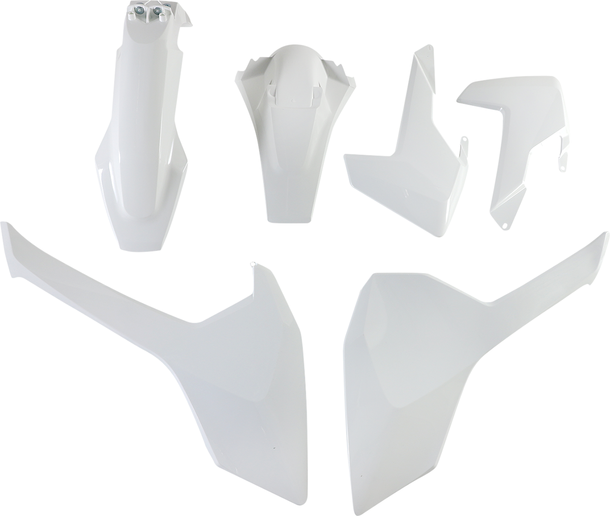A white Acerbis standard replacement body kit for motorcycles, featuring panels and components with smooth surfaces and clean lines.