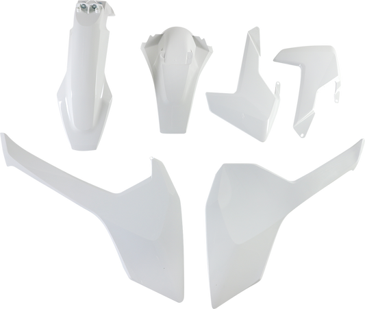 A white Acerbis standard replacement body kit for motorcycles, featuring panels and components with smooth surfaces and clean lines.