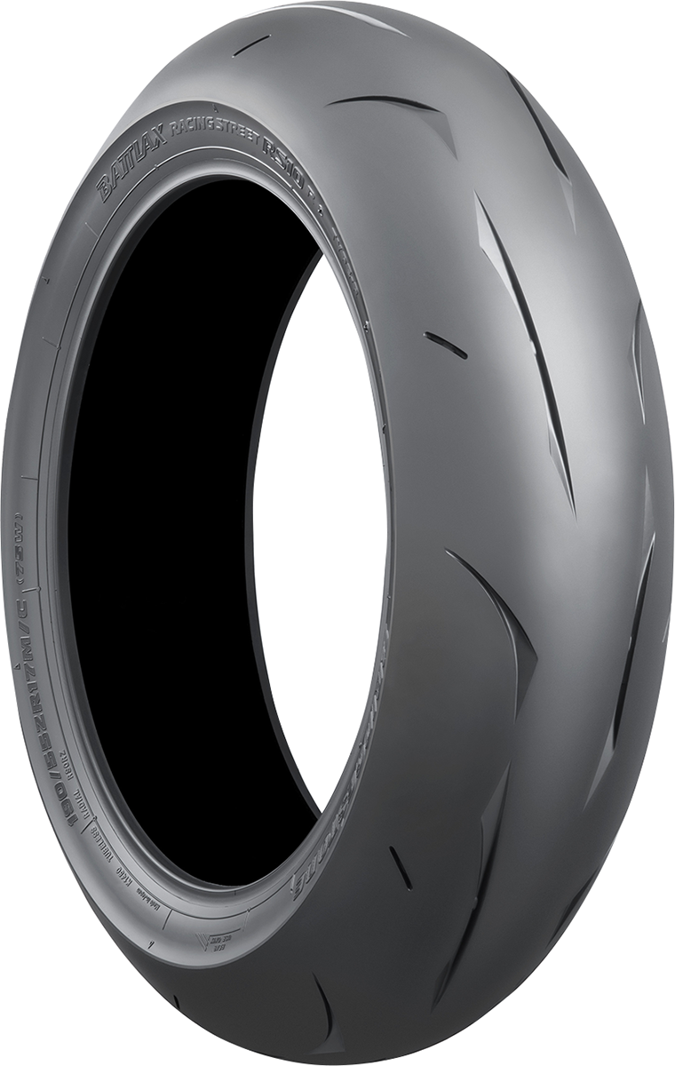 Bridgestone Battlax RS10 racing street rear motorcycle tire 180/55ZR17 with high-performance sport radial tread and branding.