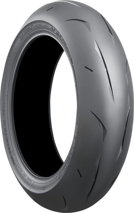 Bridgestone Battlax RS10 racing street rear motorcycle tire 180/55ZR17 with high-performance sport radial tread and branding.