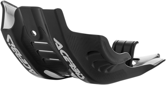 Black and white Acerbis skid plate for Husqvarna and KTM motorcycles, durable body protection part.