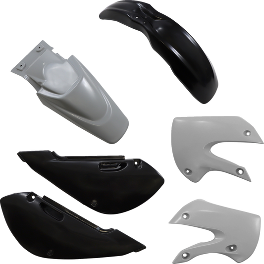 A black and gray Acerbis standard replacement body kit for motorcycles, featuring plastic body panels and parts.