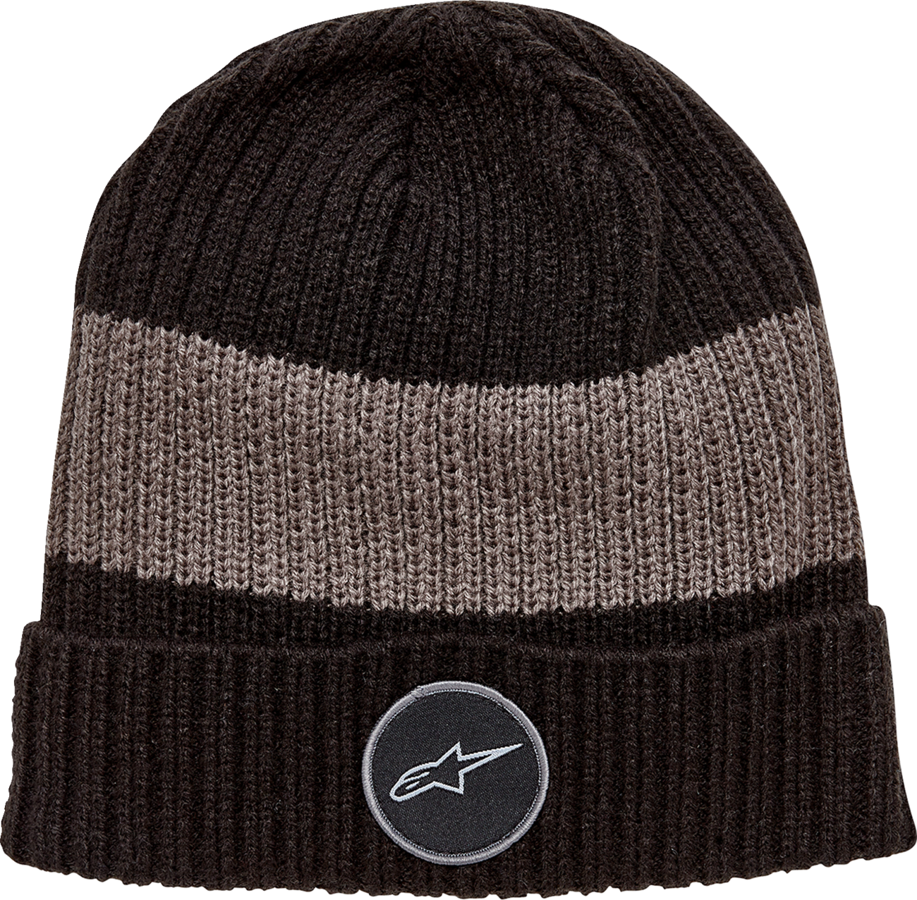 Black and charcoal Alpinestars Ward beanie, one size, made of soft knit material, showcasing a stylish and comfortable headwear design.
