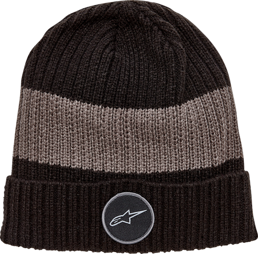 Black and charcoal Alpinestars Ward beanie, one size, made of soft knit material, showcasing a stylish and comfortable headwear design.