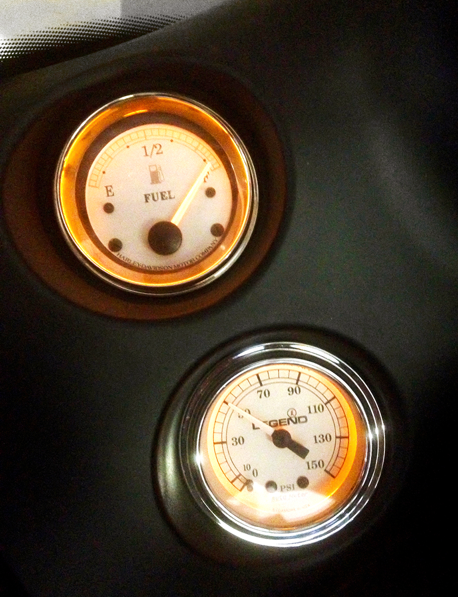 Legend Suspension fairing-mounted LED backlit PSI gauges in silver, featuring clear dials and illuminated display for motorcycle use.