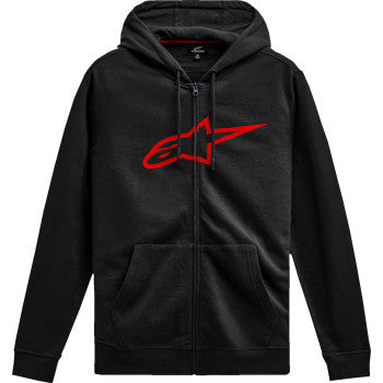 Black and red Alpinestars Ageless V3 zip hoodie in medium, featuring a front zipper, hood, and stylish design.