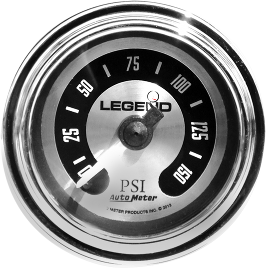 Legend Suspension fairing-mounted LED backlit PSI gauge showing 0-150 PSI for automotive or motorcycle applications.