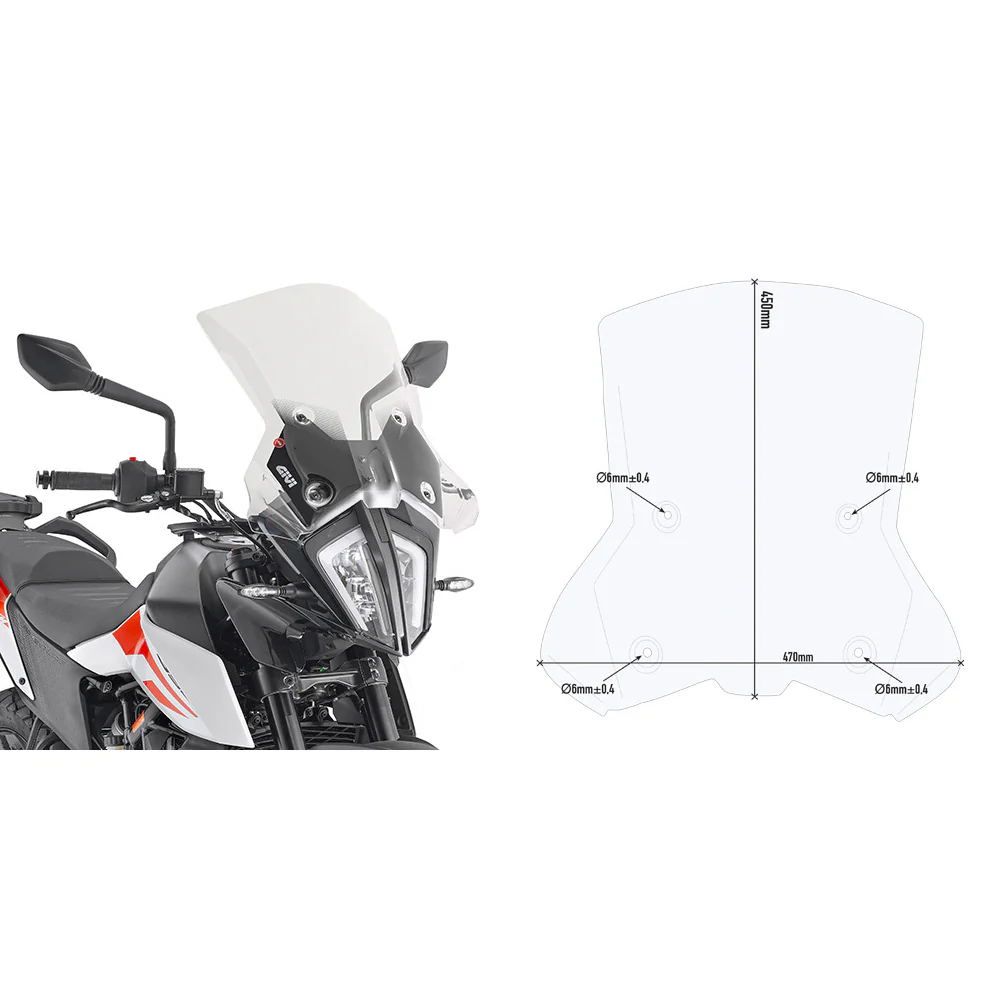 GIVI 7710DT motorcycle windshield for KTM bikes in clear, smoked, and matte black options, showing the aerodynamic design.