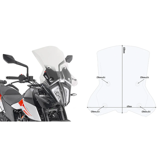 GIVI 7710DT motorcycle windshield for KTM bikes in clear, smoked, and matte black options, showing the aerodynamic design.