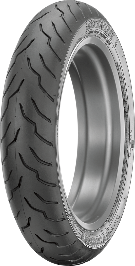 DUNLOP American Elite front motorcycle tire 140/75R17 for Harley-Davidson bike, showing tread pattern and sidewall details.