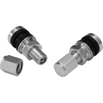 Bill's Exhausts SHOW CHROME straight valve stem pair, 1-3/16 inch length, automotive tire valve stems for vehicle wheels.