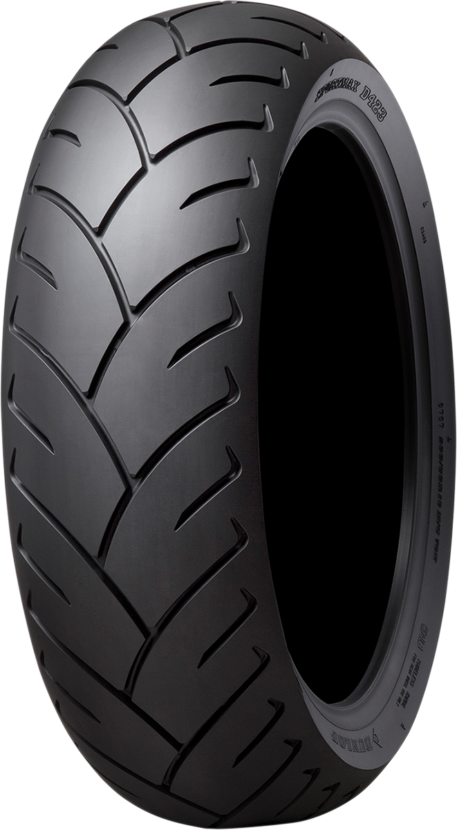 Dunlop D423 rear motorcycle tire, 200/55R16 77H size, featuring tread pattern for highway and sport riding on a motorcycle.