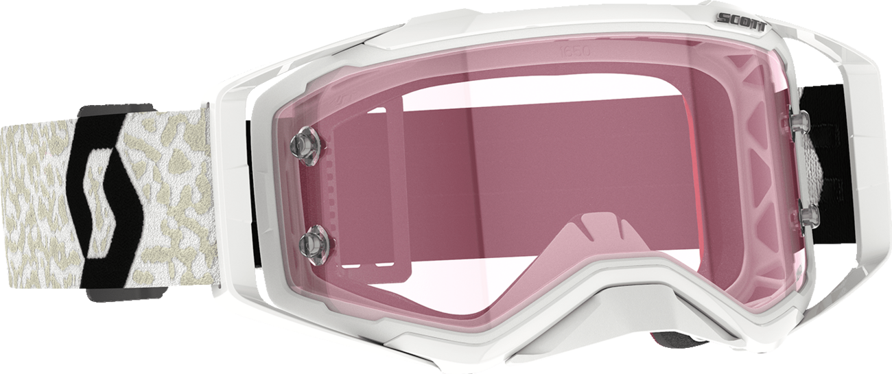 Scott Prospect Amplifier Goggle in white and black with rose-tinted lenses, designed for motorcycle riding.