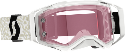 Scott Prospect Amplifier Goggle in white and black with rose-tinted lenses, designed for motorcycle riding.